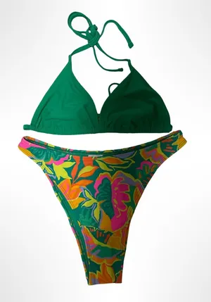 wild fable Green Triangle Bikini with Tropical Print Bottom thumbnail 1