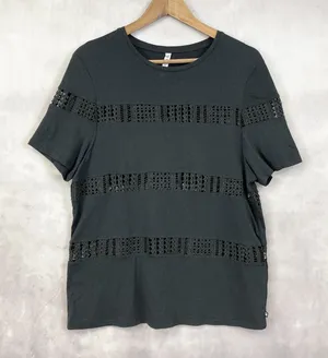 Fabletics Zarina T-Shirt Womens Large‎ Crochet Inset Stipe Activewear Athleisure thumbnail 1