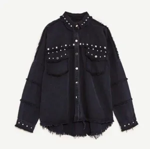 ZARA | Studded Denim Black Fringe Raw Hem Jacket thumbnail 2
