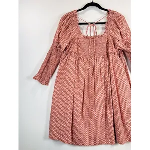 Free People Mini Dress Red Star Dip Smocked Allover Print Loose A Line Large thumbnail 8