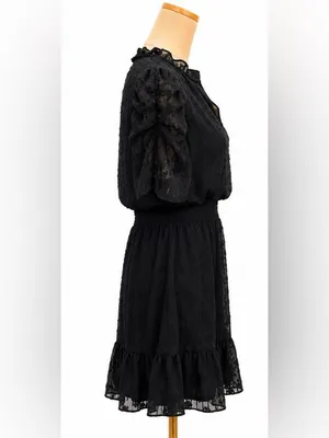 Express Black Swiss Dot Mini Dress Size M Smocked Ruffle Hem Flutter Sleeve thumbnail 2