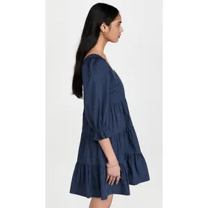 Madewell Lizzie Poplin Blue Puff Sleeve Square Neck Tiered Babydoll Mini Dress 0 thumbnail 4
