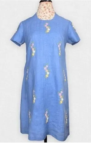 Vintage 60's Floral Embroidered Shift Dress Blue Chambray Size 6/8‎ thumbnail 1