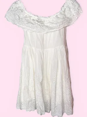 Lulus - White Eyelet Off Shoulder Babydoll Mini Dress Boho Cottagecore - Size XL thumbnail 3