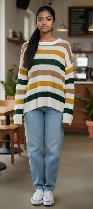 Double Zero Oversize Striped Crewneck Sweater Ivory, Mustard & Forest thumbnail 1