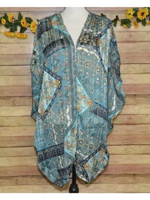 Umgee Womens S/M Blue Paisley Metallic Kimono Duster Boho Open Front Cardigan thumbnail 5