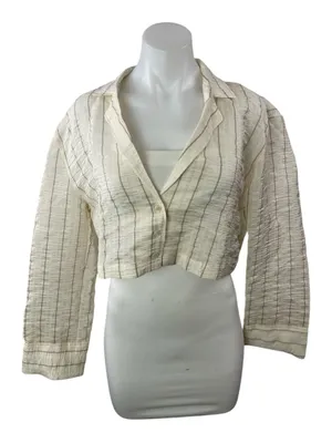 Zara Women's Cream Striped Crinkled Long Sleeve Cropped Blazer Shirt Top Size XS thumbnail 1