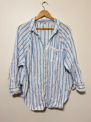 Aerie Pool-To-Party Linen Blend Cover Up Shirt Button Up Blue Stripe Medium thumbnail 3