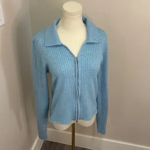 Hello Molly Light Blue Ribbed Knit Zip Up Cardigan Sweater XL US 10 Collar thumbnail 2