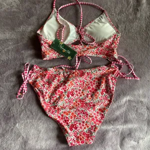 Blooming Jelly Red Floral Lace Up Bikini Set Gingham Straps New Small thumbnail 7