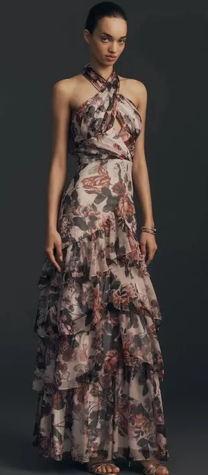 Dress The Population Maya Ruffle Halter Maxi Dress Medium Floral thumbnail 1