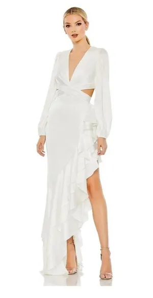 White Asymmetrical Ruffled Gown Mac Duggal Cut-Out 4 thumbnail 1
