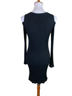 LNA‎ Black Ribbed Cold Shoulder Bodycon Midi Dress Minimalist USA Made L thumbnail 3