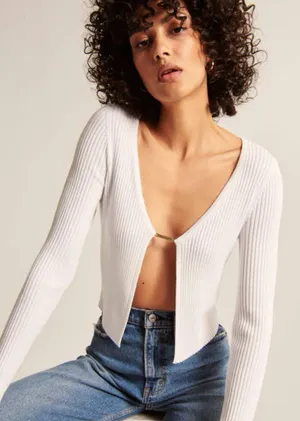 Top Slim Bar Closure Open Cardigan Ribbed White XS NWT New thumbnail 1