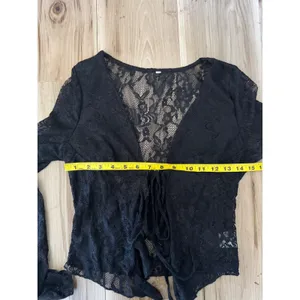 Black Lace Tie Front Crop Top M Sheer Y2K Goth Fairy Grunge‎ Long Sleeve Stretch thumbnail 5