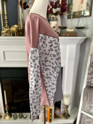 Pink and Grey Leopard Print Ribbed Long Sleeve Top Size L thumbnail 4