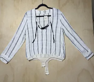 Free People Intimately Bodysuit Top Medium NWT‎ Lace Up Striped Boho Linen Blend thumbnail 1