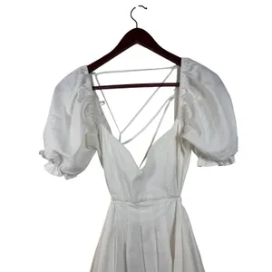 Lulus Mini Dress Womens M White Cotton‎ Linen Puff Sleeve Lace Up Back MD2965LU thumbnail 2