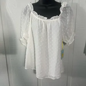 Cece Womens Shirt Puff Sleeve Square Neck Ruffle Dot White Top Size Small NWT thumbnail 2