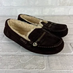 UGG Ansley Moccasin Slippers Womens 10 Brown Suede Shearling Fur Lined Zip Charm thumbnail 2