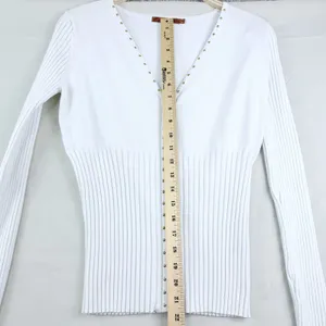 Bellini Size M White Ribbed Zip Front Studded V Neck Cardigan Sweater Y2K Glam thumbnail 9