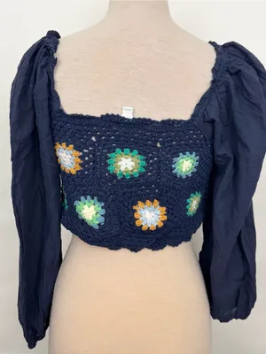 American Eagle aerie Navy Crochet Square-Neck Top with Floral Motifs long sleeve thumbnail 3