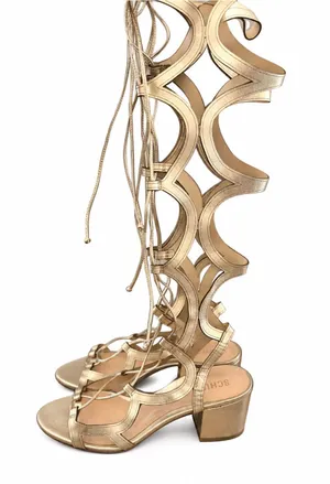 Schutz Perlie Gold Leather Knee High Tie Up heels Gladiator sandals boots 8 thumbnail 1