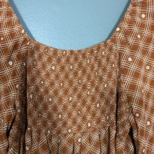 Rewind Brown Boho Hippie Cottage Smocked Top - Women's Size XL - Sweetheart Neck thumbnail 6