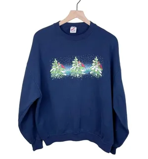 Vintage Jerzees Navy Blue Cardinal Birds Christmas Trees Crewneck Sweatshirt XL thumbnail 1