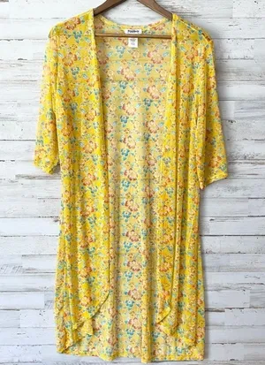 Boutique NWOT Yellow Mesh Floral Kimono Large thumbnail 1