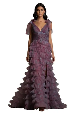 Jovani Gown Tiered Ruffle Mesh Size 4 Train One Of A Kind Romantic Prom Dress thumbnail 1
