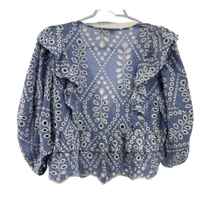 Olivaceous eyelet embroidered ruffle top cropped flirty romantic blue white S thumbnail 5