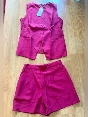 2 pieces short sets women crew neck button vest shorts burgundy M thumbnail 2