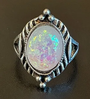 Oval simulated opal silver plated ring size 5.25 thumbnail 1