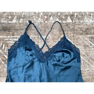 Teal Blue Satin Lace Slip Dress Chemise M Y2K Lingerie Aesthetic Feminine Coquet thumbnail 11