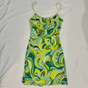 Vintage Y2K No Comment Green Abstract Swirl Mesh Lettuce Trim Mini Dress Small thumbnail 2