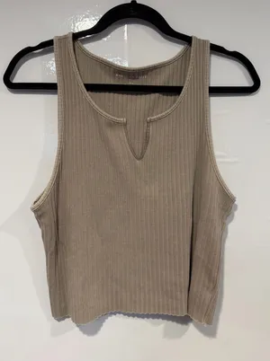 American Eagle Ribbed Notch-Neck Tank Top — Taupe thumbnail 1