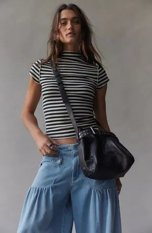 NWT!! FREE PEOPLE Black Leather Embellished Belt Bucket Bag Studded Studs Solid thumbnail 1
