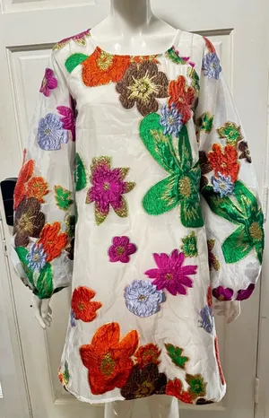 En Crème Floral Organza Bubble Sleeve Mini Dress long sleeve womens Sz Medium thumbnail 1