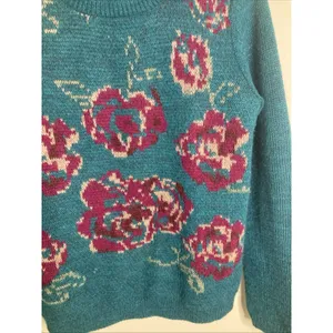 Garnet Hill Intarsia Sweater Teal Magenta Roses Wool Blend Small thumbnail 4
