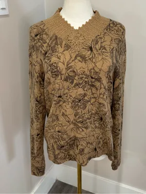 Saks 5th Avenue 100% Cashmere floral brown sweater XL thumbnail 2