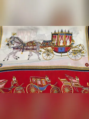 Equestrian horse-drawn carriage motif red and black border 33" Sq Silk thumbnail 7