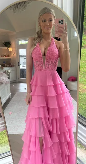 Sherri Hill Prom Dress Pink Blush Floral Halter thumbnail 1