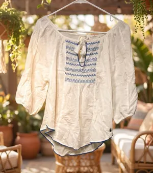 Abercrombie & Fitch White Peasant Top with Blue Embroidery thumbnail 1