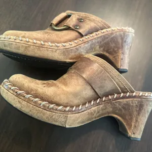 Frye Charlotte Leather‎ Harness Ring Mule Clogs Brown Size 6.5M thumbnail 6
