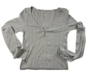 American Eagle Sage Green Ribbed V-Neck Henley Long Sleeve‎ Top Cutie Medium thumbnail 1