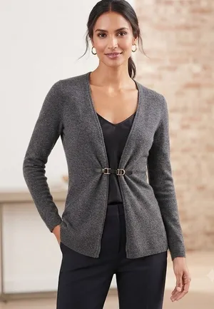 Ellen‎ Tracy Extra Fine Merino Wool Buckle Front Cardigan Gray Small thumbnail 1