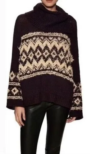 Free People Brown Fair Isle Split Turtleneck Wool Knit Winter Sweater M thumbnail 1