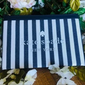 Kate Spade Blue White Stripe Canvas Zip Pouch Leather Trim NWT thumbnail 3