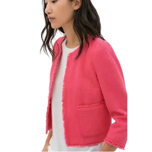 Zara Basic Cotton Tweed Jacket Frayed Fringe Pink Womens Size Medium NEW thumbnail 9